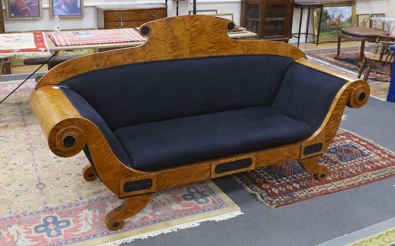 A Biedermier style birch settee, length 240cm, depth 76cm, height 120cm